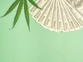 The top view of cannabis leaves and one hundred dollar banknotes on a green background. Royalty Free Stock Photo