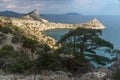 Top view of Cape Kapchik, Blue Bay and Mount Koba-Kaya. Crimea Royalty Free Stock Photo