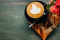 Flat lay on a cup of aromatic cappuccino Royalty Free Stock Photo