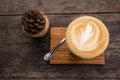 Top view of cappuccino coffee on wooden table