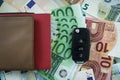 Top view of car key on one pile of Euro banknotes as car financial concept Royalty Free Stock Photo