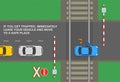 Top view of a car stuck on railway tracks. If you trapped on level crossing, immediately leave your vehicle, move to a safe place.