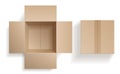 Top view cardboard box. Closed and open beige boxes inside and top view, brown pack mockup, delivery service and Royalty Free Stock Photo