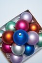 Top view of cardboard package with christmas balls Royalty Free Stock Photo