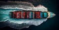 Top view of cargo sea ship with contrail in ocean ship carrying container, grain deal - AI generated image