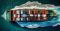 Top view of cargo sea ship with contrail in ocean ship carrying container, grain deal - AI generated image