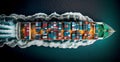 Top view of cargo sea ship with contrail in ocean ship carrying container, grain deal - AI generated image