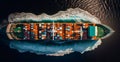 Top view of cargo sea ship with contrail in ocean ship carrying container, grain deal - AI generated image