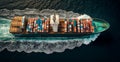 Top view of cargo sea ship with contrail in ocean ship carrying container, grain deal - AI generated image