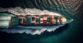 Top view of cargo sea ship with contrail in ocean ship carrying container, grain deal - AI generated image