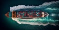Top view of cargo sea ship with contrail in ocean ship carrying container, grain deal - AI generated image