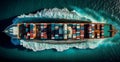 Top view of cargo sea ship with contrail in ocean ship carrying container, grain deal - AI generated image