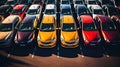 Top view Cars For Sale. Automotive Industry. Cars Dealership Parking Lot. Rows of Brand New Vehicles Awaiting New Owners Royalty Free Stock Photo