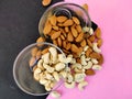 Top view of cashew nuts and almonds split Royalty Free Stock Photo