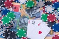 Top view of casino chips with four aces and australian dollars Royalty Free Stock Photo