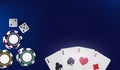 Top view of Casino poker chips, dice and cards on blue background. Online Vegas casino banner with chips on blue game Royalty Free Stock Photo