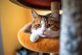 top view of a cat lying on a scratching post platform Royalty Free Stock Photo