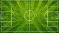 A top view of the center of a soccer pitch from a realistic perspective. White lines and circles are drawn on green Royalty Free Stock Photo