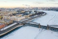 Top view of the center of St. Petersburg. Bolsheokhtinsky bridge and Smolny Cathedral, Neva river