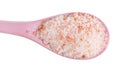 top view of ceramic spoon with pink Salt close up