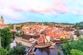 Top view Cesky Krumlov Castle with Tower in sunset