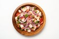 Top View, Ceviche On A Wooden Boardon White Background