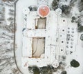Top view of chateau Konopiste in the winter time, castle and the pond are covered with snow, Czech republic Royalty Free Stock Photo
