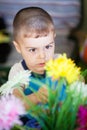 Top view cheerful little boy touching beautiful blooming flowers in vase at home Royalty Free Stock Photo