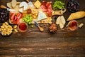 Top view of cheese plate and snack for wine Royalty Free Stock Photo