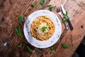 Top view of a cheesy pasta on a white plate