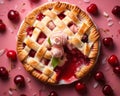 top view of cherry pie with lattice top view of cherry pie with lattice on pink background top view of cherry pie with lattice on