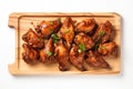 Top View, Chicken Adobo On A Wooden Boardon White Background