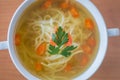 Top view for chicken broth with nudles, carrot and and parsley. Royalty Free Stock Photo