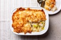 Top view of chicken and leek filo pastry pot pie. Homemade food. Royalty Free Stock Photo