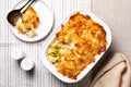 Top view of chicken and leek filo pastry pot pie. Homemade. Royalty Free Stock Photo