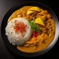 Top view of chicken spicy yellow curry served with rice in the plate. Royalty Free Stock Photo