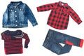 Top view on child boy set of clothes. Collage of apparel clothing. Jeans ,shirt and jeans jacket on a white background.