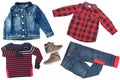 Top view on child boy set of clothes. Collage of apparel clothing. Jeans ,shirt, shoes and jeans jacket isolated on a white Royalty Free Stock Photo