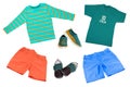 Top view on child boy set of clothes. Collage of apparel clothing. Short pants , shirt, shoes and sneaker isolated on a white Royalty Free Stock Photo