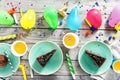 Top view children birthday table Chocolate cake muffins decoration party Royalty Free Stock Photo