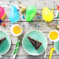 Top view children birthday table Chocolate cake muffins decoration party