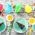 Top view children birthday table Chocolate cake muffins decoration party Royalty Free Stock Photo