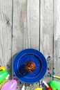 Top view children birthday table Chocolate muffin sparkler decor