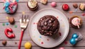 Top view children birthday table concept. Chocolate muffin candle and decoration party on wooden background with copy space flat