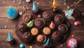 Top view children birthday table concept. Chocolate muffin candle and decoration party on wooden background with copy space flat