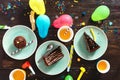 Top view children birthday table festive food chocolate cake dec