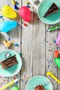 Top view children birthday table Frame chocolate cake decoration Royalty Free Stock Photo