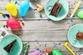 Top view children birthday table Frame chocolate cake decoration Royalty Free Stock Photo