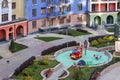 Top view children playground and house building exterior mixed-use urban multi-family residential complex district. Royalty Free Stock Photo