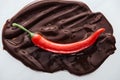 Top view of chili with melted dark chocolate on white background. Royalty Free Stock Photo